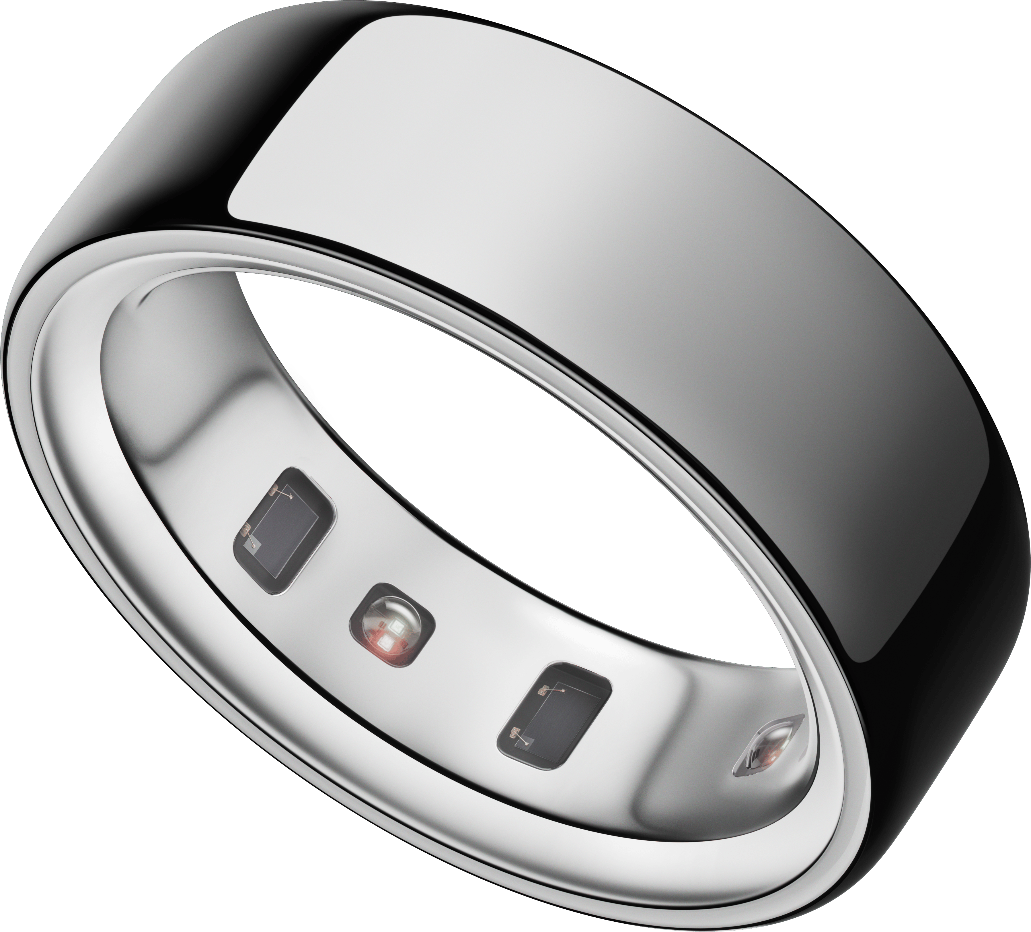 Oura Ring 4 in Silver with its interior sensors visible